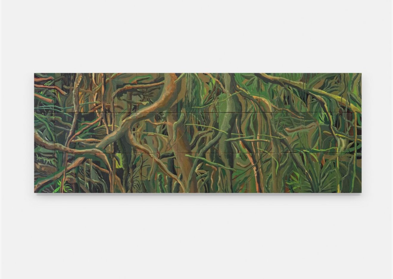 Camilo Echeverri. Imaginarios de la Selva #1, 2025. Óleo sobre 48 paneles de lienzo. 60 × 160 cm.