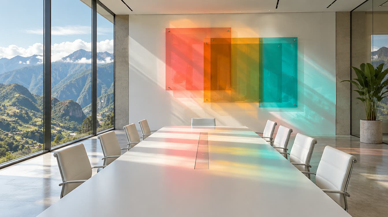 White boardroom facing the Andes, with an installation of colored panels on the wall