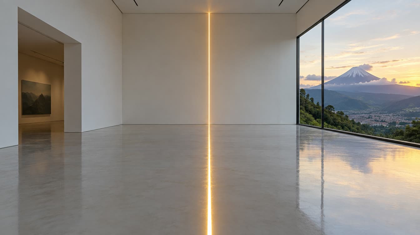 A line of light across the floor of a white room marking latitude zero, with the Andes beyond